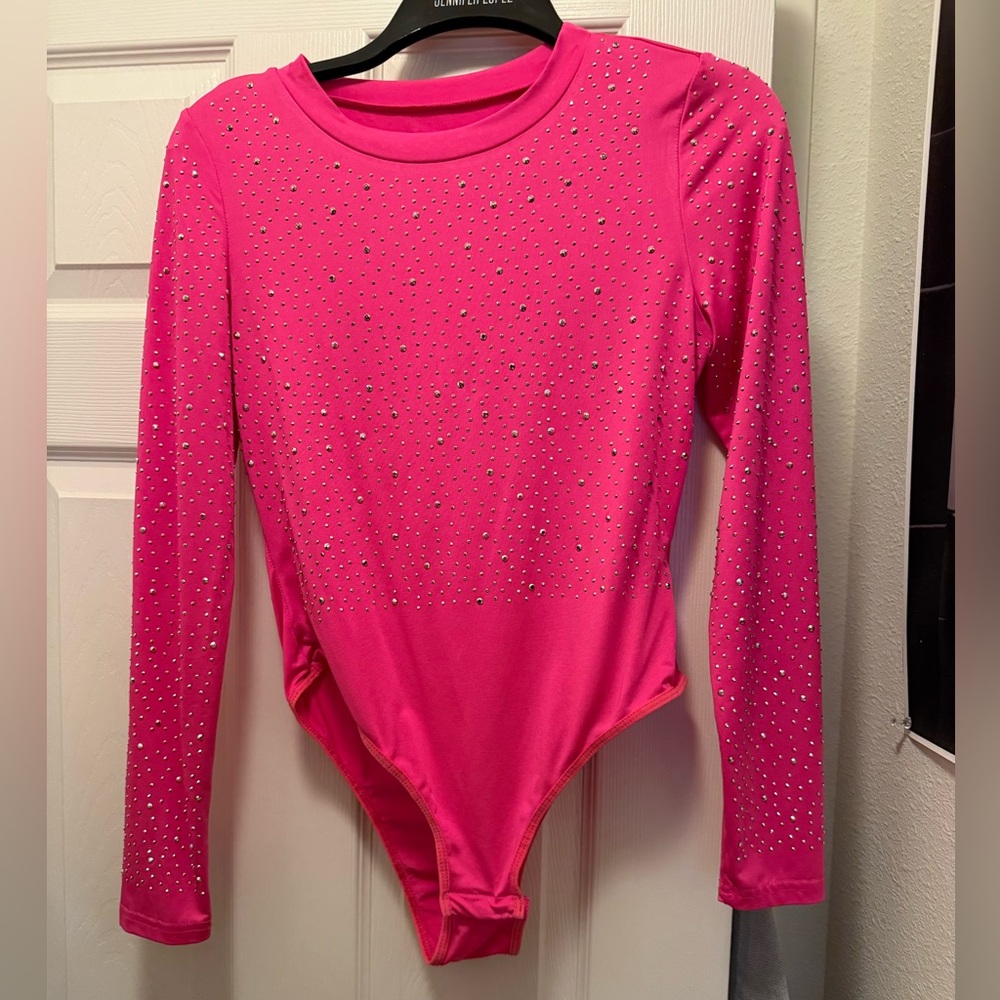 Pink Rhinestone Long Sleeve Bodysuit